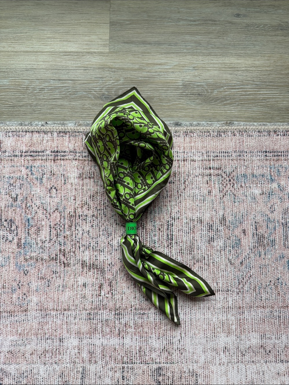 Dior Lime and Olive Silk Logo Print Scarf